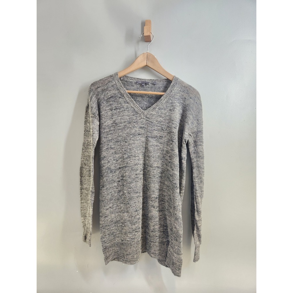 Vince 100% Linen Sweater Women XS Grey V-Neck Long Sleeve Marled Knit Minimalist